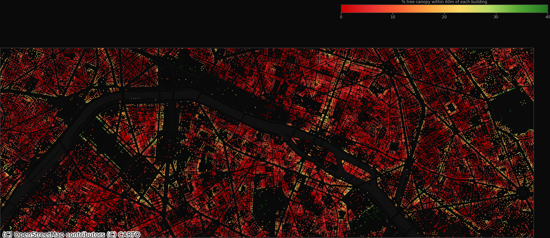 Central Paris: building-level canopy coverage. Red = exposed, green = adequate shade.